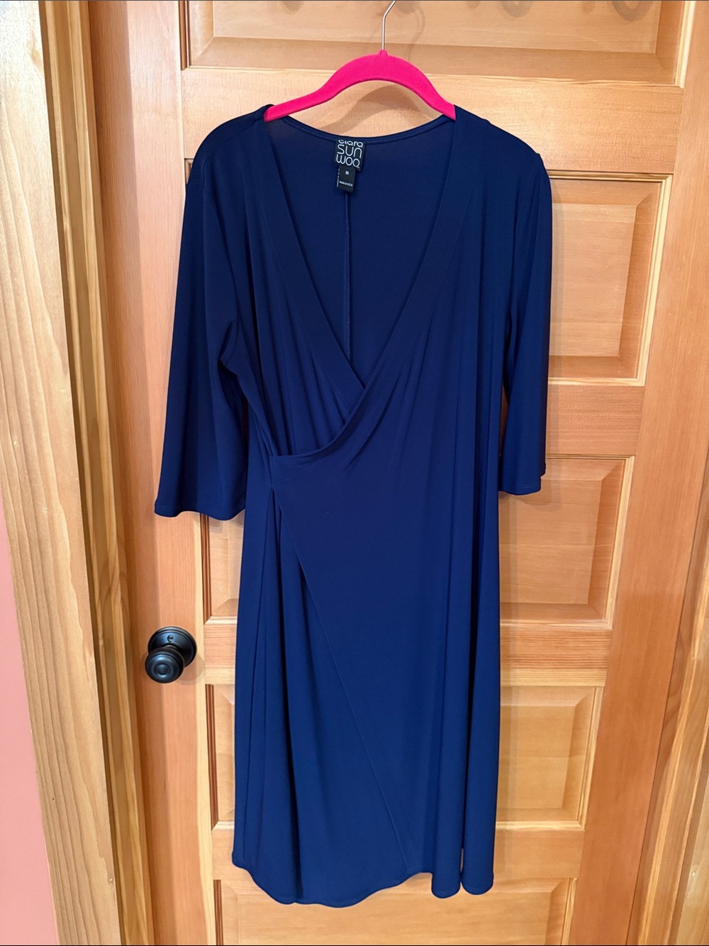 Clara Sun Woo Deep Navy Faux-Wrap Midi Dress